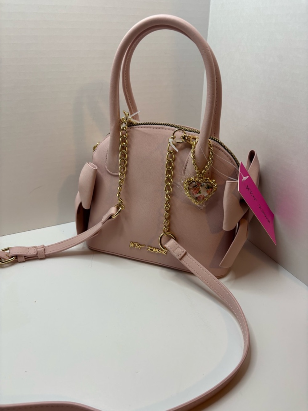 Betsey Johnson Blush Dome Satchel purse with Heart Charm & bows on the sides